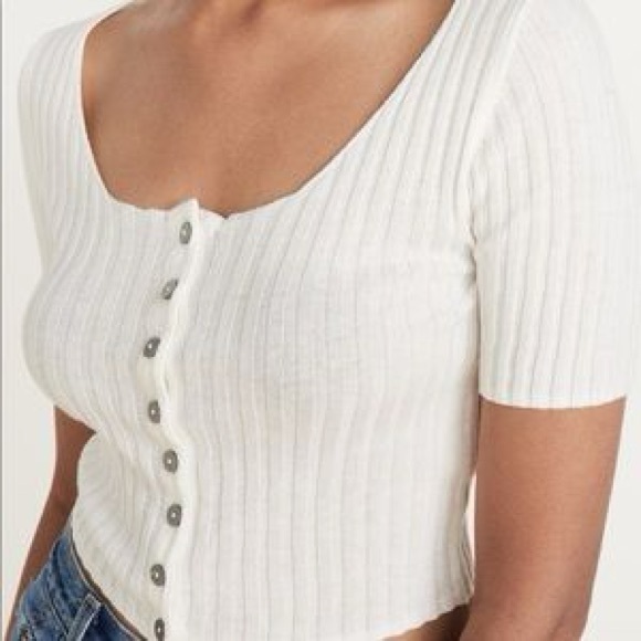 Free People Tops - FREE PEOPLE Ivory Ribbed Button-Up Top Cardigan Short Sleeve Cream Crop Shirt